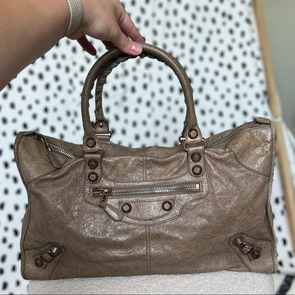 Tan Balenciaga Work Lambskin Tote Bag